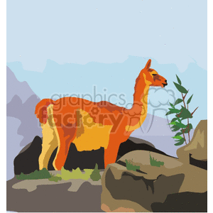 The clipart image features an illustrated llama standing on rocky terrain with a few green plants around and a blue sky in the background. 