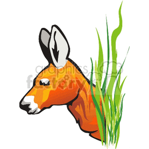 The image is a clipart illustration of the head of a deer with a stylized look. The deer appears in a side profile, showcasing its distinctive facial features, such as the eyes, nose, and ears. The coloring is a mixture of warm oranges and reds, with accents of white, giving the deer a vibrant appearance. Additionally, there are streaks of green grass depicted to the right of the deer, suggesting a natural environment.