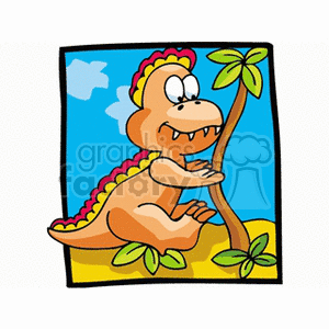 The clipart image features a cartoon representation of a friendly, smiling dinosaur. This animated dino has a colorful back with hues of pinks and greens, which somewhat resembles a pattern of a dragon. The dinosaur is embracing or holding onto a palm tree with a playful expression. There are also some stylized green leaves at the base of the palm tree, and the background depicts a simple outdoor scene with a blue sky and a white cloud.