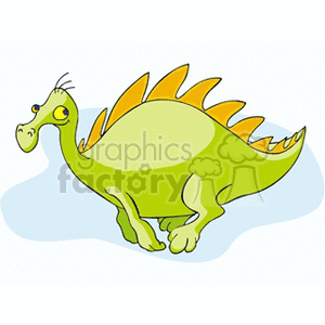The image shows a cartoon of a green dinosaur with yellow spiky plates running down its back and tail. It has a friendly and somewhat goofy expression with prominent eyelashes suggesting it's designed to look endearing or comical rather than realistic. The dinosaur is on all fours and appears to be standing on a simple blue and white background that could represent the sky and clouds, suggesting a light-hearted theme. 