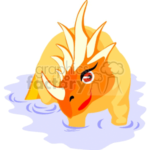 The clipart image depicts a stylized cartoon triceratops. The dinosaur is primarily in shades of orange and yellow, with white horns and a playful expression on its face, emphasizing its big, expressive eye. It appears to be partially submerged in water, which is represented by wavy blue lines around its body.