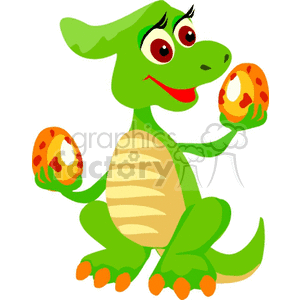 The image is a cartoon representation of a green dinosaur holding two eggs. The dinosaur has a friendly and playful appearance with big eyes and a smiling face. It has a prominent belly, striped in a lighter color, and its feet have orange toes. The eggs are decorated with spots.