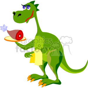 This clipart image features a cheerful green Tyrannosaurus Rex (T-Rex) standing upright and holding a plate with a large ham leg on it. The dinosaur has a smile on its face, showcasing a slightly tongue-out expression, which indicates a comical and lighthearted tone. The T-Rex is also wearing a small, yellow napkin around its neck, suggesting it's ready to dine. The overall style of the image is cartoonish and whimsical, adding a playful twist to the idea of a dinosaur having a modern human-like meal.