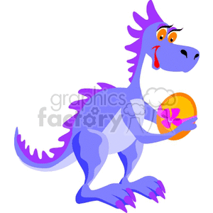 The clipart image shows a whimsical, cartoon-style purple dinosaur standing upright. It has a slender body, a long curved tail, and is smiling. The dinosaur has prominent eyelashes and is holding an orange egg with a pink bow, suggesting it might be a gift or a special item. There's a playful and friendly character to the image, making it suitable for children's content or educational materials.