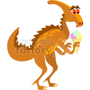This clipart image features a cartoon dinosaur holding an ice cream cone. The dinosaur is bipedal, with orange-brown scales, a long neck, and a happy expression. It appears to have three scoops of ice cream, each a different color, in the cone.