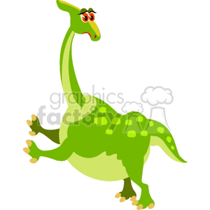 This clipart image features a cartoon dinosaur with a funny expression. It has a green body with a lighter green underbelly, and darker green spots on its back. The dinosaur has a long neck, an elongated tail, and is shown standing on two legs with its front limbs in the air, displaying four-toed hands. It has big, expressive eyes with red irises, and the eyebrows are raised in a manner suggesting surprise or curiosity.