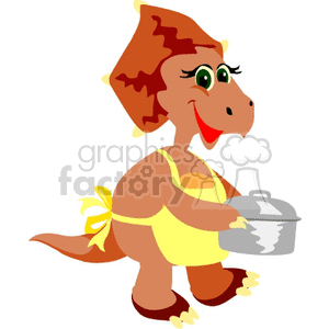 The image is a clipart of a cartoon dinosaur that appears to be cooking or ready to serve dinner. The dinosaur is brown with a darker brown crest, has green eyes, and a friendly expression. It is wearing a yellow apron with a bow tied at the tail, and yellow oven mitts on its hands. The dinosaur is holding a grey pot with a lid.