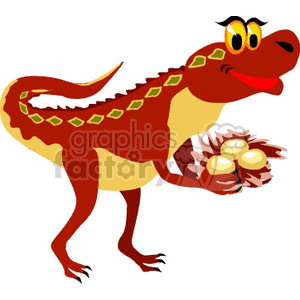 This clipart image features a cartoon dinosaur with a comical expression. The dinosaur is red with yellow eyes and has spot patterns on its back. It's holding a nest with eggs, suggesting it might be taking care of them.