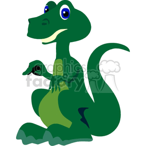 The image features a cartoon depiction of a cute and friendly green Tyrannosaurus rex (T. rex) dinosaur. It has large blue eyes and a smiling expression, sitting down with its tail curled around and hands gently raised as if it's gesturing or perhaps explaining something.