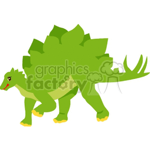 This clipart image features a stylized, cartoonish dinosaur. The dinosaur is green with a lighter green underbelly, sporting multiple large spikes running down its back and tail. It has a friendly appearance with a small smile and what looks like reddish eyes. The dinosaur is depicted in profile, facing to the right, with all four legs visible, showcasing rounded yellow claws on its feet.