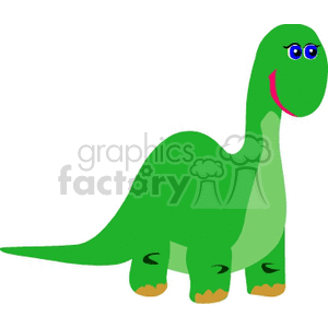 This clipart image features a simplistic, cartoon-like illustration of a green dinosaur with a long neck, possibly meant to represent a sauropod-type dinosaur such as Brontosaurus or Apatosaurus. It has an upright posture, a smiling face, blue eyes, and a pink mouth. The dinosaur appears friendly and is designed in a style that would appeal to children.