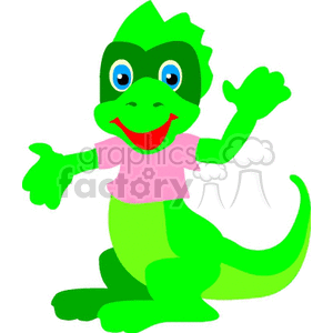 This clipart image features a cartoon depiction of a baby dinosaur that is green with a lighter green belly. It has a big smile, large, expressive eyes, and a spiky ridge on the top of its head. The dinosaur is standing upright, waving with one hand while the other is extended as if reaching out or gesturing. The dinosaur is wearing a pink t-shirt and seems friendly and cheerful.