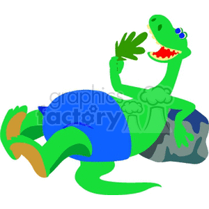 The image depicts a cartoon dinosaur in a playful and humorous pose. The dinosaur is green with a blue belly, lying on its back on a gray rock. It has a large grin on its face, showing pointed teeth, and is raising one arm holding what appears to be a leafy green plant. The creature's legs are bent at the knees, and its tail curls behind it, conveying a sense of relaxation and joy.