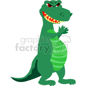 This clipart image features a stylized depiction of a green Tyrannosaurus rex (T-rex) dinosaur. It has a playful and cartoonish design, with bright green skin, contrasting lighter green belly with stripes, and a white row of sharp teeth. The dinosaur is standing upright on two legs, with its characteristic short forelimbs raised as if waving or greeting.
