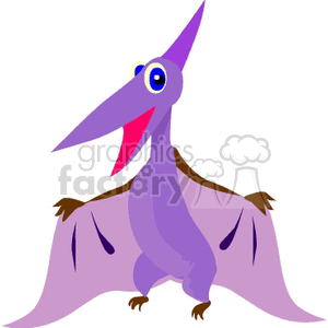 The clipart image depicts a stylized, cartoon version of a pterodactyl, which is a type of flying dinosaur, commonly referred to as a pterosaur. This representation is colorful and whimsical, designed to look fun and appealing, potentially targeting a younger audience or those looking for a humorous take on prehistoric creatures.