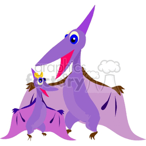 This clipart image depicts two cartoon-style purple pterodactyls, presumably a parent and its smaller offspring, both with wide eyes and cheerful expressions. The adult pterodactyl has a prominent beak and wings spread out, while the baby pterodactyl appears to be standing close to the adult, with a similar yet smaller stature.