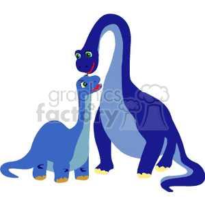 The image displays two blue cartoon dinosaurs with long necks, possibly representing sauropods. They have friendly expressions, big eyes, and are smiling. The smaller dinosaur is looking up at the larger one, which towers above with an arching neck.