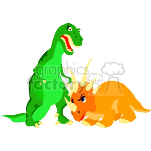 The clipart image features a green Tyrannosaurus Rex (T-Rex) standing in an aggressive posture, appearing to confront an orange Triceratops that is crouched down on the ground. The T-Rex has its mouth open, showing its teeth, and the Triceratops is looking up at the T-Rex, also showing its teeth. The image conveys a sense of confrontation or playful interaction between the two dinosaurs.