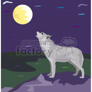 The clipart image depicts a wolf standing on a rocky outcrop, howling at a full moon in the night sky. The background has a purple hue, with some stylized horizontal lines likely representing clouds or wind.