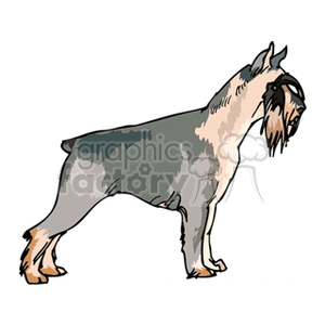 The image shows a cartoon or clipart representation of a dog. It appears to be a side profile of the dog standing and looking to the left. The dog has a distinct color pattern with shades of gray, black, and tan.