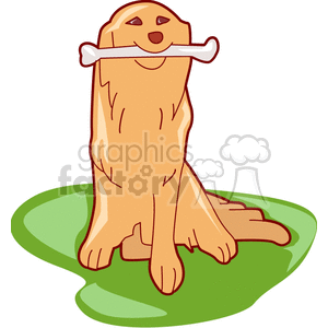 This clipart image features a golden retriever dog sitting on a green surface with a large bone held in its mouth. The dog appears happy and playful as it holds onto its treat.