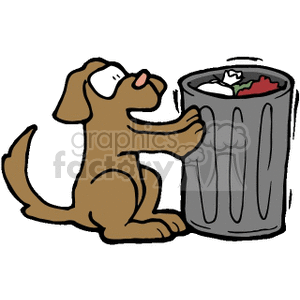 This clipart image features a brown dog sitting beside a metal trash can. The trash can is filled with garbage that includes scraps of paper and what appears to be a red apple core. The dog has its tongue out, suggesting it might be interested in or amused by the contents of the garbage can.