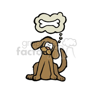 The clipart image depicts a cartoon dog sitting and looking slightly up with a thought bubble coming from its head, containing an image of a bone.