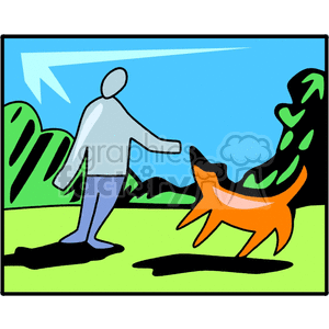 The clipart image depicts a person wearing a gray top and blue pants walking or standing in a park, accompanied by a stylized orange dog with a bushy tail. The dog seems to be in motion, perhaps playing or walking alongside the person. There is a representation of green grass beneath them, and the background includes hills or bushes and a blue sky with a large arrow-like shape, possibly depicting the path of a frisbee or the direction of movement.