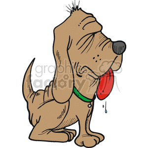 The image shows a cartoon of a brown dog with its tongue out and a bit of drool trickling from its mouth. The dog is wearing a green collar and appears to be seated. This is a light-hearted representation often used to depict playful or happy dogs.