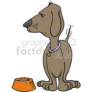 The clipart image features a cartoon dog sitting next to an empty bowl. The dog appears to be looking up expectantly, possibly waiting for food, with slight shaking lines indicating it might be hungry or eager. The dog has a collar with a little tag.