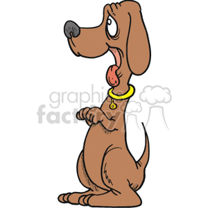 The image features a cartoon of a brown dog sitting upright with its front paws up in a common begging position. The dog has a long tongue hanging out and wears a yellow collar with a red tag, portraying a typical humorous depiction of a pet dog eagerly awaiting a treat or showing a playful gesture.
