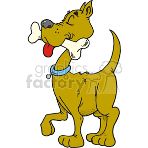 The clipart image depicts a happy cartoon dog walking on its hind legs and carrying a large bone in its mouth. The dog appears to be smiling with its eyes closed, tongue out, and wearing a blue collar around its neck. The style is simple and whimsical, typical of a light-hearted illustration meant for a broad audience, including children.