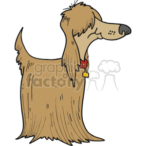 The clipart image features a cartoon of a long-haired, tan-colored dog. The dog has a comical appearance with floppy ears and a long snout. It's adorned with a red collar that has a yellow tag, suggesting it is a pet.