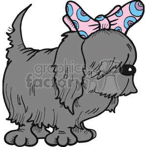 The image is a clipart illustration of a grey dog wearing a large pink bow tie with polka dots. The dog has long, floppy ears and appears to be in a side-profile view with one eye visible.