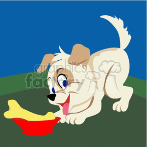 The clipart image features a cartoon of a happy beige and white dog lying on the grass with its tongue out, looking excitedly at a large yellow bone placed in a red bowl.
