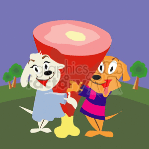 The clipart image depicts two animated dogs standing upright like humans. One dog is white and appears to be wearing a blue dress or apron, while the other is orange and wearing a purple and pink striped garment. They are smiling and standing next to a giant piece of ham that is almost as tall as they are. The background shows a stylized outdoor scene with trees and a purple sky.