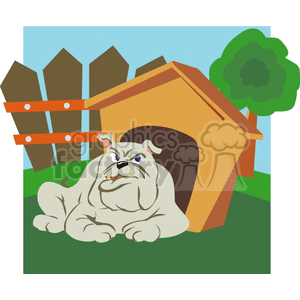 This image features a cartoon illustration of a bulldog lying on the grass in front of an orange doghouse. In the background, there are signs of a wooden fence and a green tree.