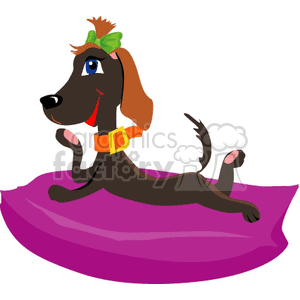 The clipart image features a cartoon of a playful dog with a brown body and darker brown ears, sporting a green bow on its head and an orange collar around its neck. The dog is lying comfortably on a purple pillow, looking happy and relaxed with a lifted tail, indicative of a cheerful demeanor.