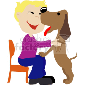 The clipart image depicts a happy child with blonde hair, sitting on a chair and hugging a brown dog with a wagging tail and its tongue out. They both appear cheerful, as the dog is showing affection towards the child by licking the kid's face.