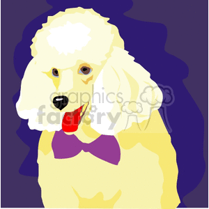 The clipart image features a stylized representation of a light-colored poodle with a fluffy coat and distinctive grooming. The poodle appears to be wearing a bowtie and has its tongue out, giving it a playful expression.
