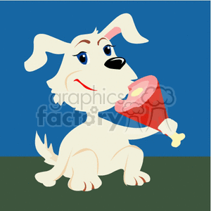 The clipart image features a cartoon illustration of a white puppy with floppy ears looking endearingly upwards. The dog holds a meat bone with a reddish coloration, indicative of a meaty treat or toy, in its mouth. The background is split into two horizontal sections, a blue sky above and green which could represent grass below, suggesting an outdoor scene.