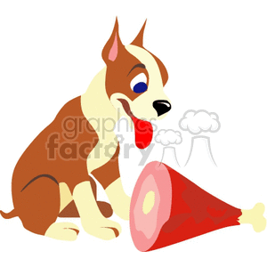 This is a clipart image of a cartoon dog sitting next to a large bone with meat, looking interested or hungry.