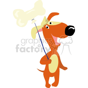 The clipart image depicts a cartoon-style dog standing on its hind legs and holding a bone-shaped balloon on a string with its mouth. The balloon appears to be inflated and floating in the air, while the dog looks upwards towards it with a playful, happy expression.
