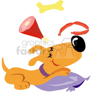 The clipart image shows a cartoon dog lying down with its eyes closed, appearing to dream about various types of food. Above the dog's head are illustrations of a dog bone, a slice of ham, and sausages, which are typical foods a dog might dream about.