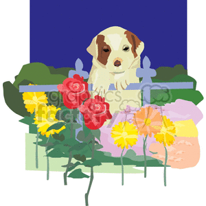 The clipart image depicts a beige and white dog resting its chin on a fence, with vividly colored flowers in the foreground. There are red roses, as well as yellow and pink daisy-like flowers.