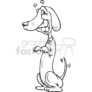 The clipart image shows a cartoon dog. The dog has a large nose, a big open mouth with a visible tongue, and it appears to be happy or excited as indicated by the bubbly shapes near its head. It's sitting on its hind legs with both front paws raised as if it's waving, reaching out for something, or begging. The dog also has a collar with a tag, suggesting that it is a pet. Overall, it's a humorous and stylized depiction of a dog.