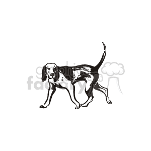 The image depicts a line drawing of a dog. The style of the image is simplistic with clear outlines that capture the form and features of the dog, such as its ears, eyes, nose, tail, and body posture. The dog is standing with its head turned slightly to the side. This kind of image could be used for various purposes, including educational material, logos, or as a decorative graphic representing pets or animals, specifically dogs.