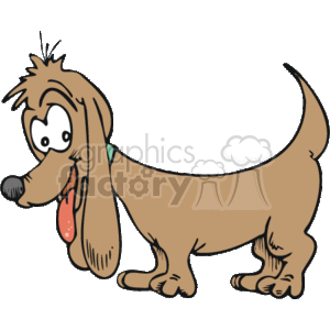 The image is a cartoon clipart of a happy-looking dachshund, which is also known as a wiener dog due to its long body and short legs. The illustrated dog is brown with a light brown underbelly and has a big, floppy ear. It is portrayed with a protruding tongue, indicating it might be panting or excited. The dog also seems to be wearing a collar, suggesting it is a pet.