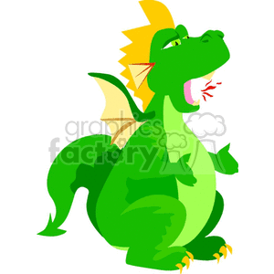 The image is a clipart of a cartoon-style green dragon. It features the dragon in a side profile, with its mouth open, displaying a long tongue and teeth. The dragon has a spiky tail, yellow claws, and yellow and orange wings with small spikes.