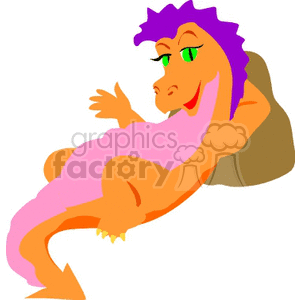 The image showcases a stylized, cartoonish depiction of a pink and orange dragon with green eyes and purple hair. The dragon seems to be smiling and lounging, with one arm extended out somewhat welcomingly.